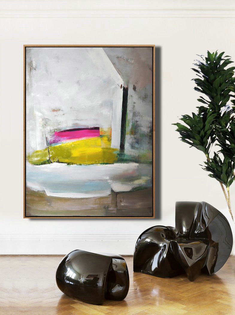 Extra Large Canvas Art,Handmade Acrylic Painting,Vertical Palette Knife Contemporary Art,Modern Paintings On Canvas,Grey,White,Yellow,Pink.etc